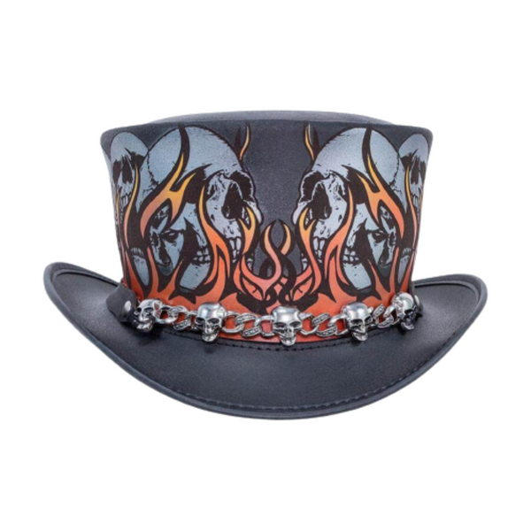 Leather Top Hat with Burn in Hell Skull Design