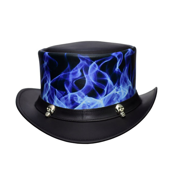 Blue Hell Flames Black Leather Top Hat