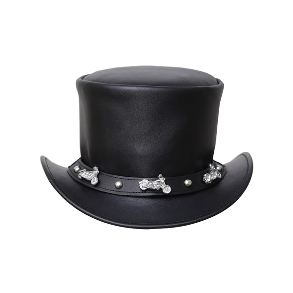 Black Leather Top Hat with Motorcycle Stud Band