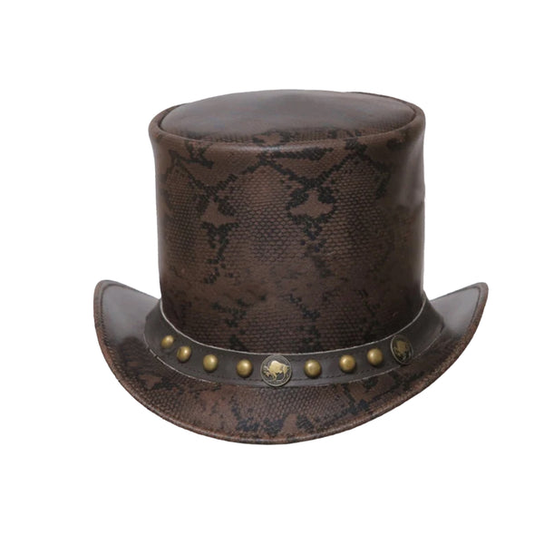 Leather Snake Style Motorcycle Top Hat with Five Cent & Studs Band