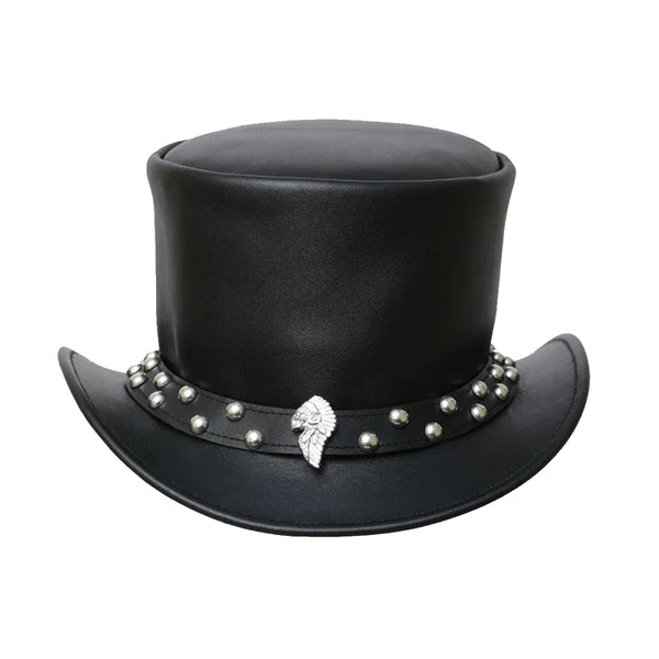 Black Leather Native American Top Hat with Western Steampunk Style