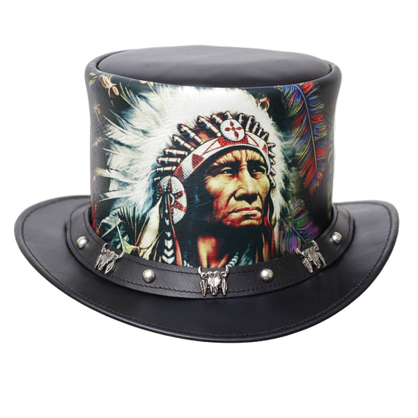 Red Indian Feather Head Leather Top Hat- Native American Style