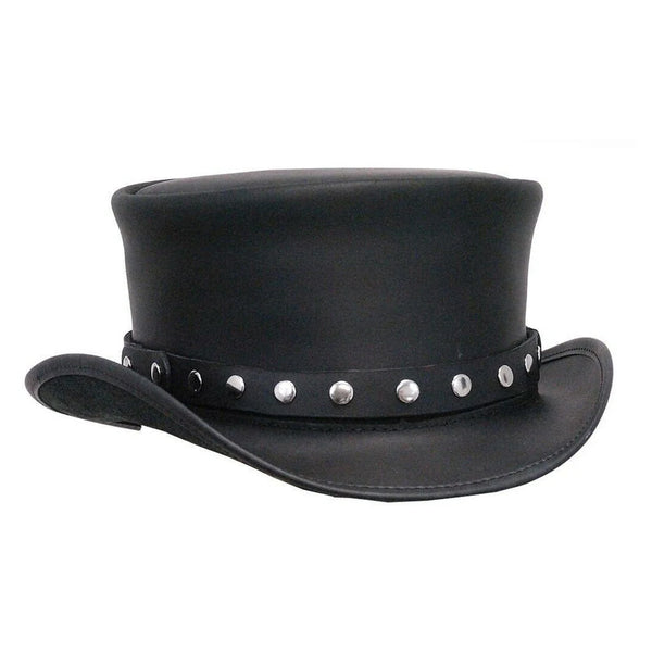 Black Leather Gothic Top Hat with Rivet Trim