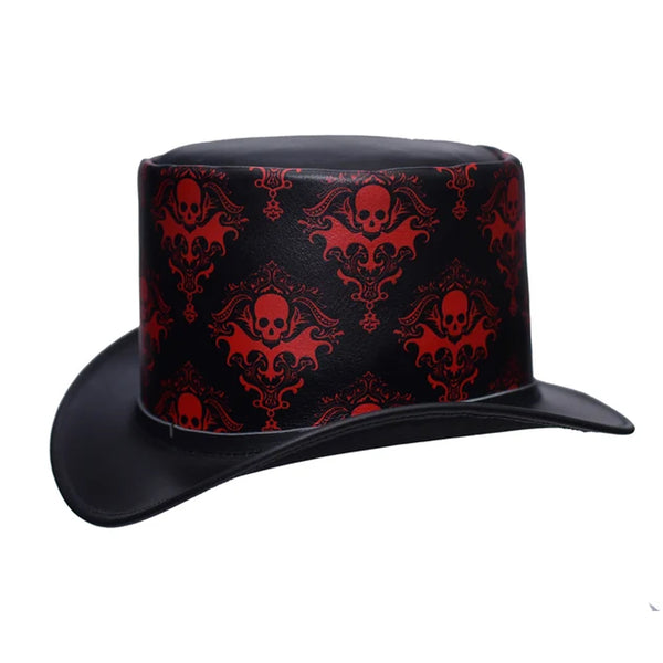 Black Leather with Red Skill Gothic Design Steampunk Top Hat
