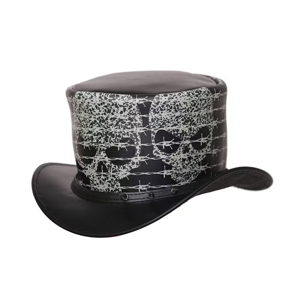Black Leather Top Hat with Gothic Razor Wire Skull Spikes