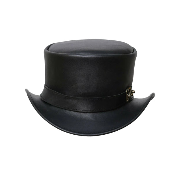 Black Leather Steampunk Top Hat with Side Hook Buckle Lock Band