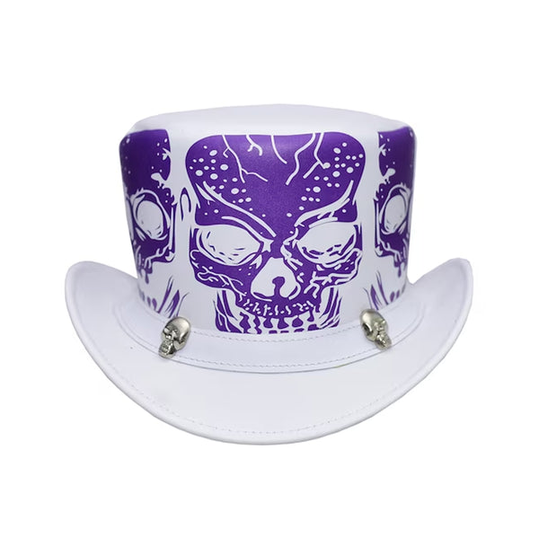 Gothic White Leather Top Hat with Purple Skull Design