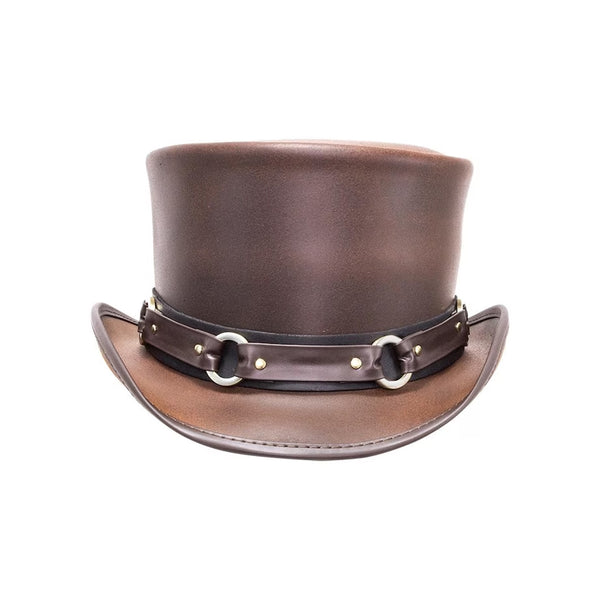Brown Leather Top Hat with Ring Chain Band