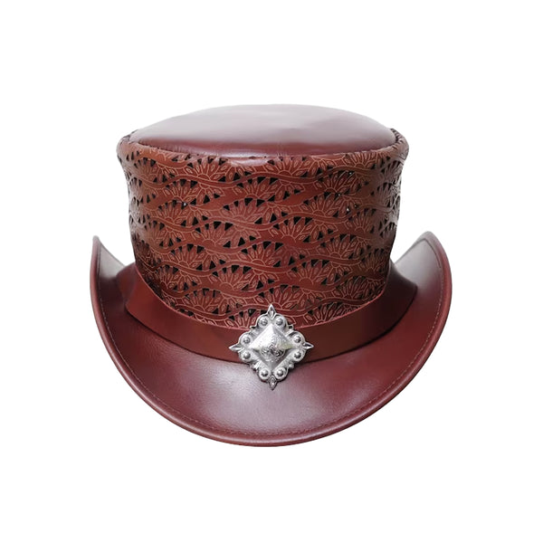 Victorian Leather Top Hat with Engraved Flowers & Berry Square Concho