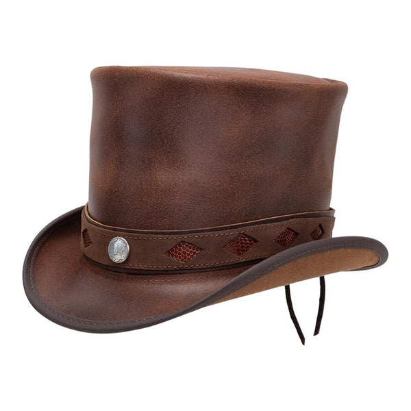 Brown Leather Steampunk Top Hat with Diamond Inlay