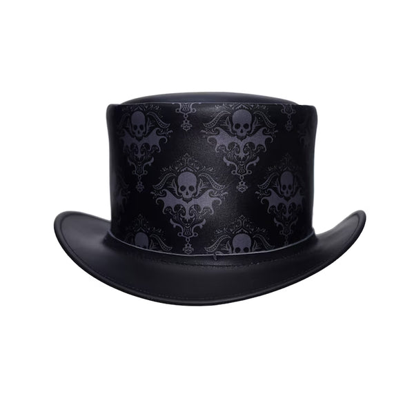 Gothic Black Leather Top Hat with Victorian Skull Design