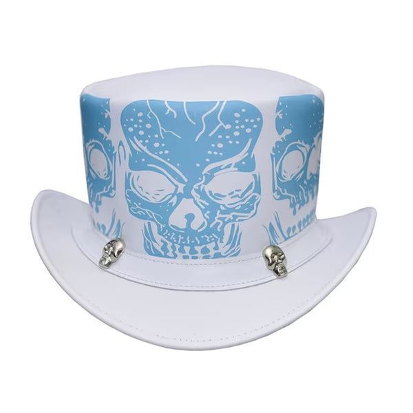 Gothic White Leather Top Hat with Blue Skull Design