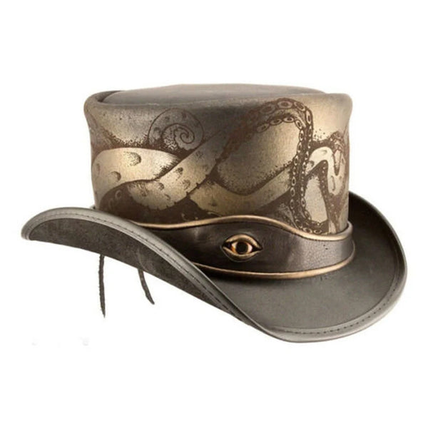 Biker Top Hat with Octopus Engraved Eye Band