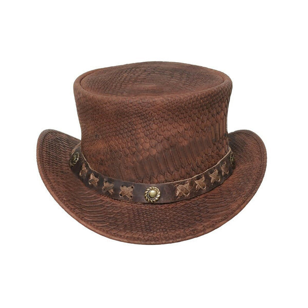 Distressed Brown Leather Top Hat with Snake Plated Accent