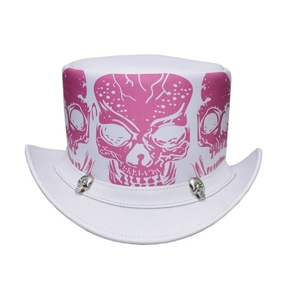Gothic White Leather Top Hat with Pink Skull Design