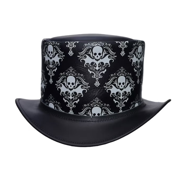 Black Leather Biker Style Top Hat in Victorian Skull Design