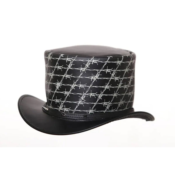 Black Leather Gothic Top Hat with Razor Wire and Spikes Design