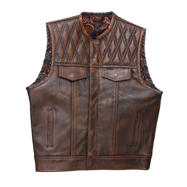 Mens leather vest with brown wax leather biker vest. Motorcycle leather vest Brown Quilted biker vest, Vintage leather premium class