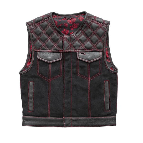 Men's Stinger Biker Vest Or Hunt Club Leather Builder Diamond Quilted Motorcycle Vest Black & Red