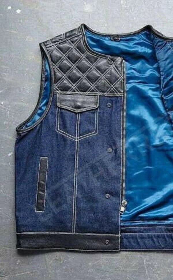 Men's Gothic Leather Denim Builder Diamond Quilted Motorcycle Biker Vest