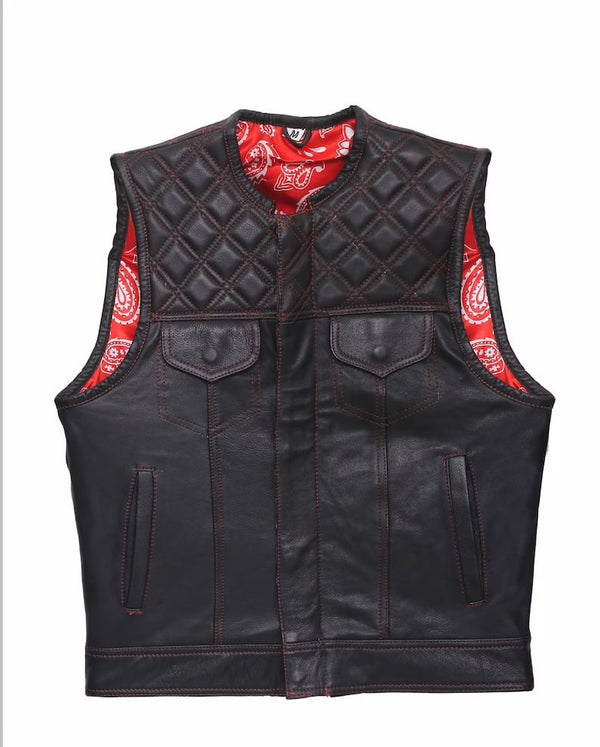 F1 Red Bandana, Hunt Club Leather Builder Diamond Quilted Custom Biker Vest, Motorcycle Leather Vest