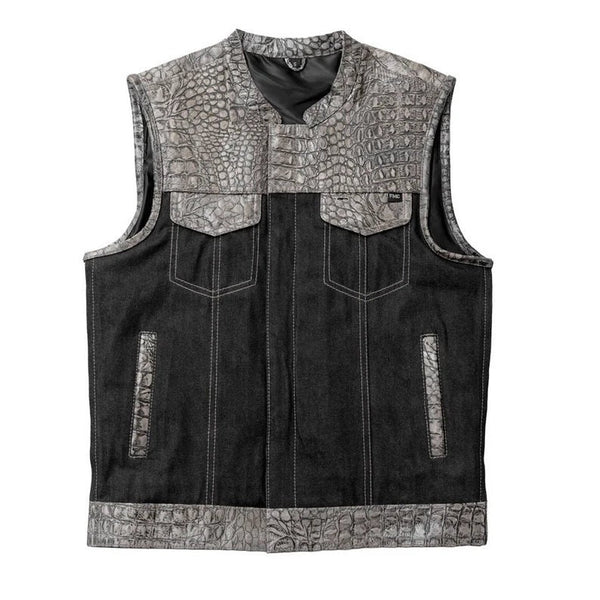 Leather Vest, Crocodile Plated Leather Grey Wax Motorcycle Men's Vest Denim Vest Black Vest