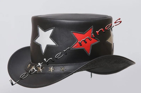 Captian America Top Hat Men's Leather Stars Motorbiker Five Star Band Biker in Black | New with Tags