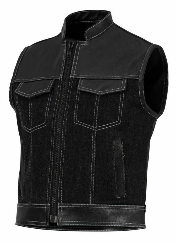 Club Style - Leather and Denim zipper white Stitching Motorcycle Biker Vest, Leather Vest, DenimbVest