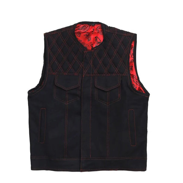 Black Denim Vest Leather vest Red Stich Leather Motorcycle Diamond Quilted Men's Leather Vest Biker Rider Club