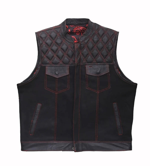 Hand Made Leather & Denim Paisley Diamond MC Quilted Red Stich Biker Rider Motorcycle Men Vest