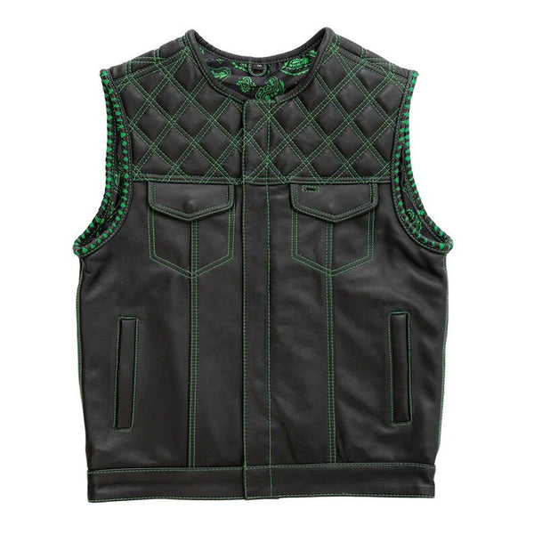 Leather Vest ,Mens  Green Diamond Quilted Black Paisley Leather Build Denim Style Rider Motorcycle Leather Vest,Mens Vest