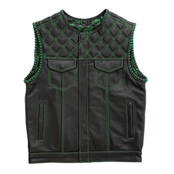 Leather Vest ,Mens Hunt Club Green Diamond Quilted Black Paisley Leather Build Denim Style Rider Motorcycle Leather Vest, Mens Vest