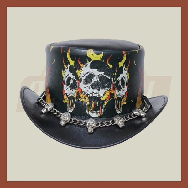 Burning Skull In Hell Leather Skull Chain Band Motorcycle Biker Rider Top Hat