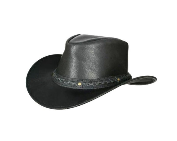 Black Leather Cowboy Hat, Australian Outback Hat With Wide Brim And Braided Leather Band