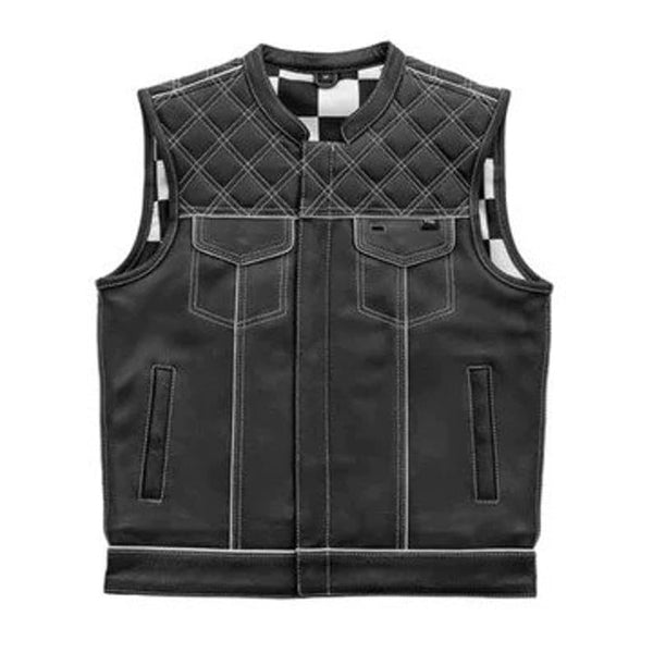 Style Diamond stitched Braided Black Checker Men's Club Motorcycle Concealed Carry Leather Biker Vest, Gift, Biker Gifts for him