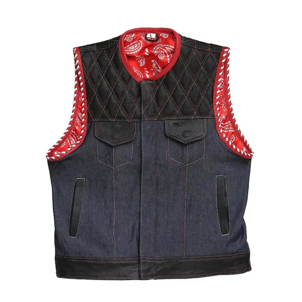 Leather vest,Diamond Quilted Perforated Leather Style Denim & Leather Motorcycle Vest Braided Men's Leather Vest Biker Rider Club