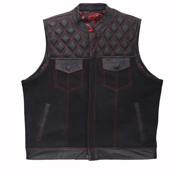 Hand Made Leather & Denim Paisley Diamond MC Quilted Red Stich Biker Rider Motorcycle Men Vest
