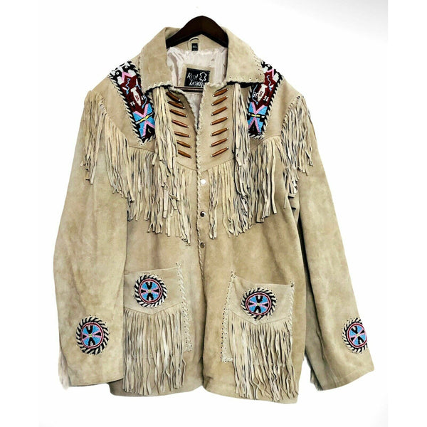 Native American Buckskin Western Style Leather Jacket with Fringes and Beads