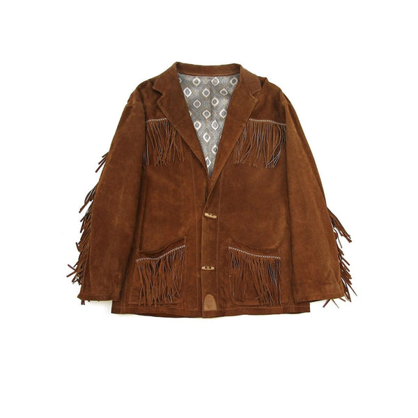 Traditional Native Brown Suede Leather Western Jacket with Braided Fringes