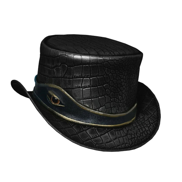 Crocodile Plated Black Leather Top Hat with Eye Band