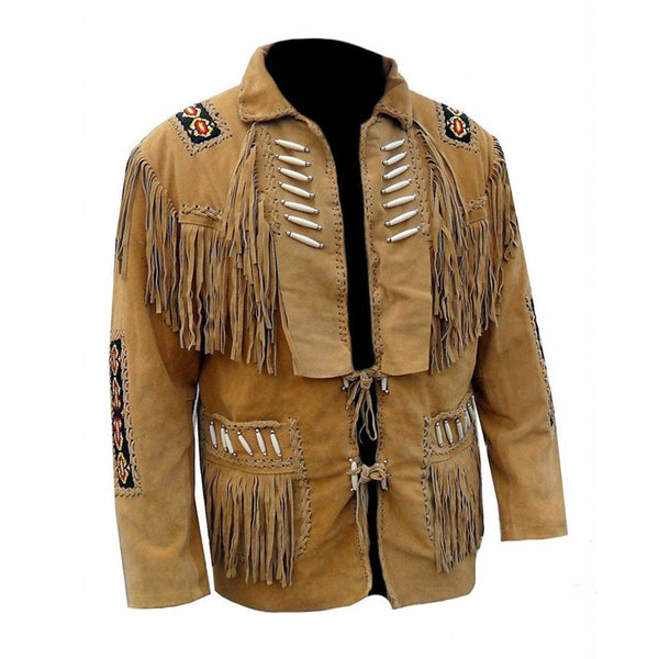 Native American Cowboy Buckskin Leather Jacket with Fringes in Brown