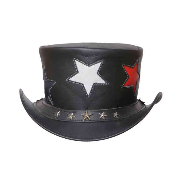 Black Leather America Steampunk Top Hat with Five Star Band Design