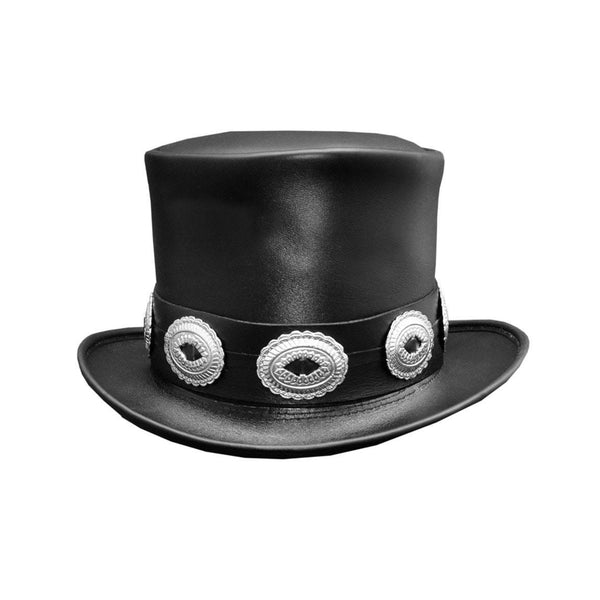 Black Leather Rocker Top Hat with Slash Style Conchos Band