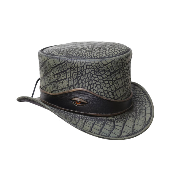 Distressed Wax Crocodile Plated Leather Top Hat with Eye Band