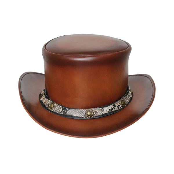 Smokey Shaded Pale Rider Leather Top Hat with Snakeskin Design Band