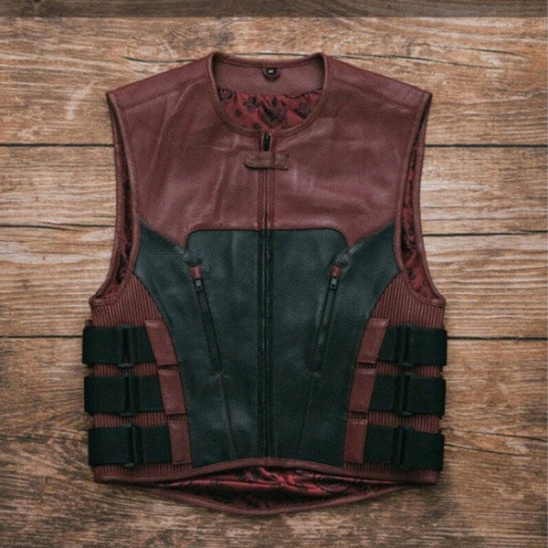 Leather Vest Mens Hunt Club Diamond Quilted Black & Maroon Leather Build Denim Style Rider Motorcycle Leather Vest Mens Vest