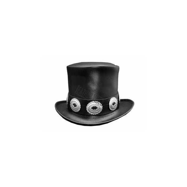 Top Hat-Rocker Black Leather Slash Style Conchos Band,Gothic Top hat,Custom Leather hat,Steampunk Top Hat