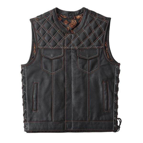 Leather Diamond Quilted Jack Builder Hunt Club Contrast Stitched Biker Vest