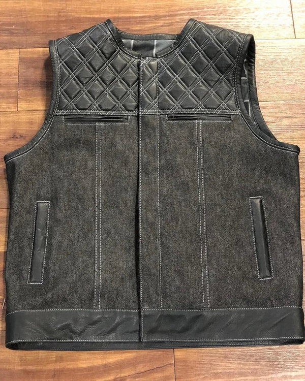 Leather Vest Black Leather Black Denim Diamond Quilted Biker Vest Motorcycle Vest Men's Vest Hunt Club Heavy Duity Waistcoat