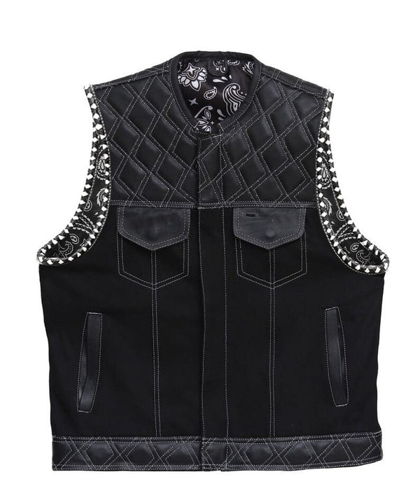 Hand Made Leather & denim Black Quilted Diamond Braided Arms MC Biker Rider Motorcycle vest